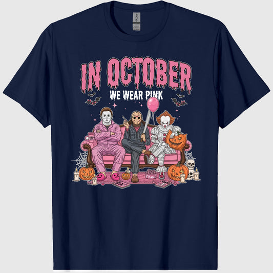 42x48 Comfort Colors In October We Wear Pink Shirt, Horror Characters Halloween Shirt, Funny Slasher Couch Scene Shirt 2