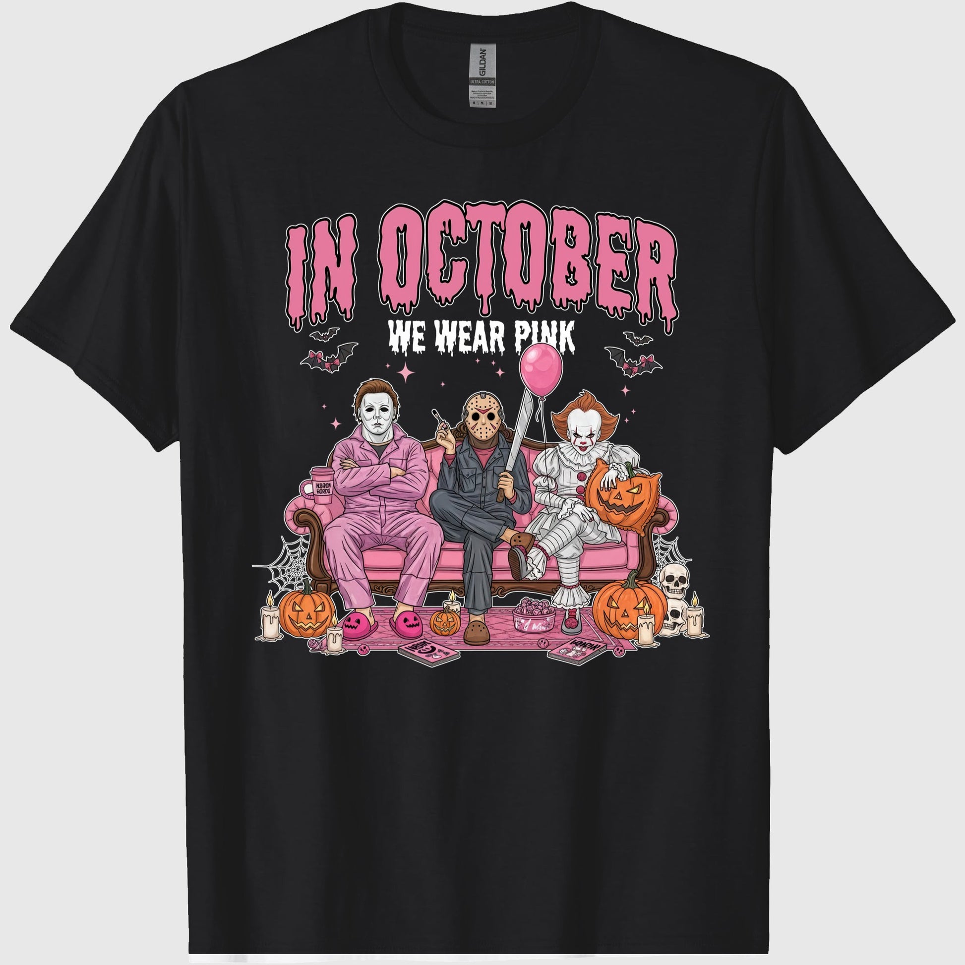 42x48 Comfort Colors In October We Wear Pink Shirt, Horror Characters Halloween Shirt, Funny Slasher Couch Scene Shirt 2