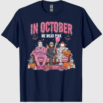 42x48 Comfort Colors In October We Wear Pink Shirt, Horror Characters Halloween Shirt, Funny Slasher Couch Scene Shirt 2