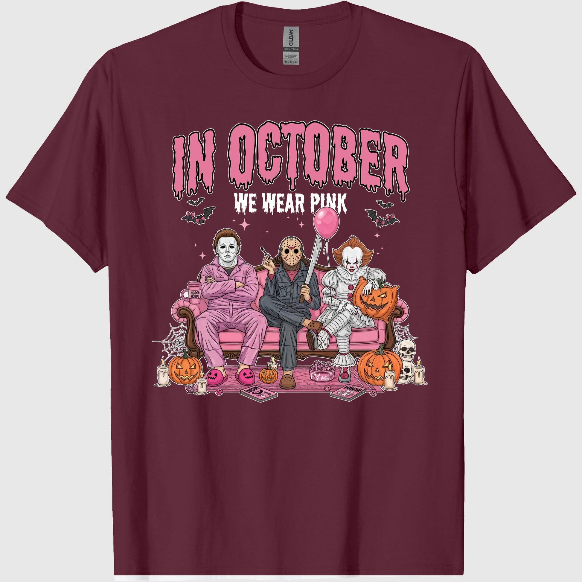42x48 Comfort Colors In October We Wear Pink Shirt, Horror Characters Halloween Shirt, Funny Slasher Couch Scene Shirt 2