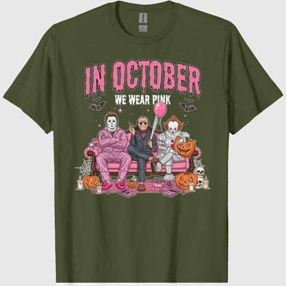 42x48 Comfort Colors In October We Wear Pink Shirt, Horror Characters Halloween Shirt, Funny Slasher Couch Scene Shirt 2