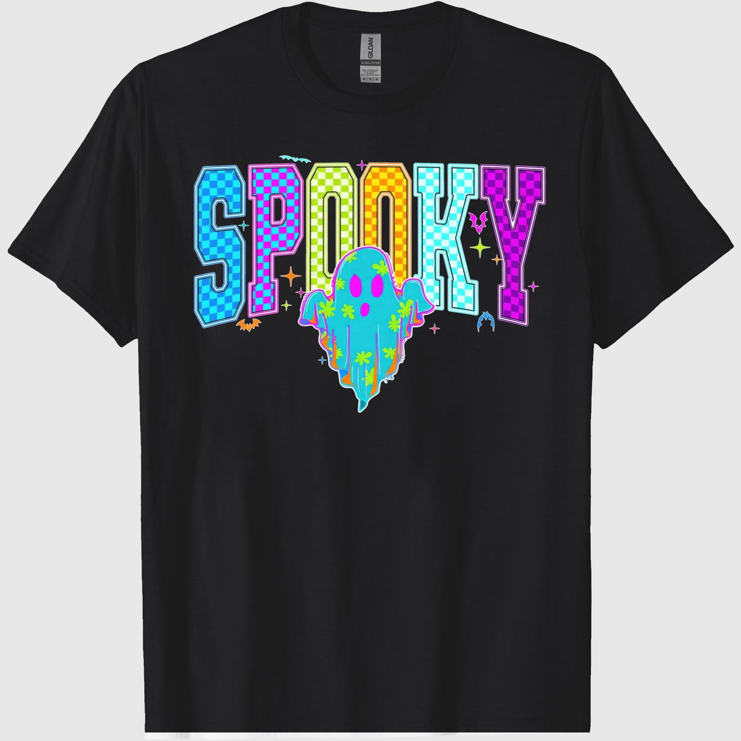Comfort Colors Retro Spooky Neon Shirt, Trendy Neon Checkered Halloween, Spooky Season, Cute Boo Ghost, Neon Ghost