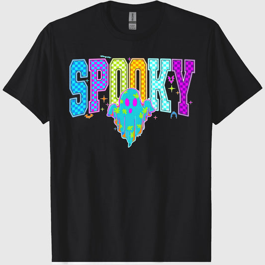 Comfort Colors Retro Spooky Neon Shirt, Trendy Neon Checkered Halloween, Spooky Season, Cute Boo Ghost, Neon Ghost