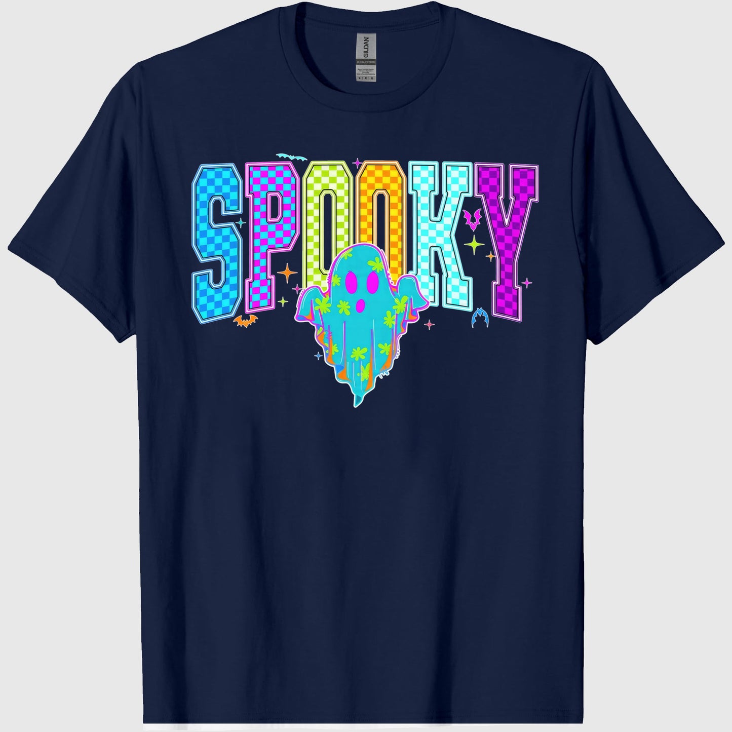 Comfort Colors Retro Spooky Neon Shirt, Trendy Neon Checkered Halloween, Spooky Season, Cute Boo Ghost, Neon Ghost