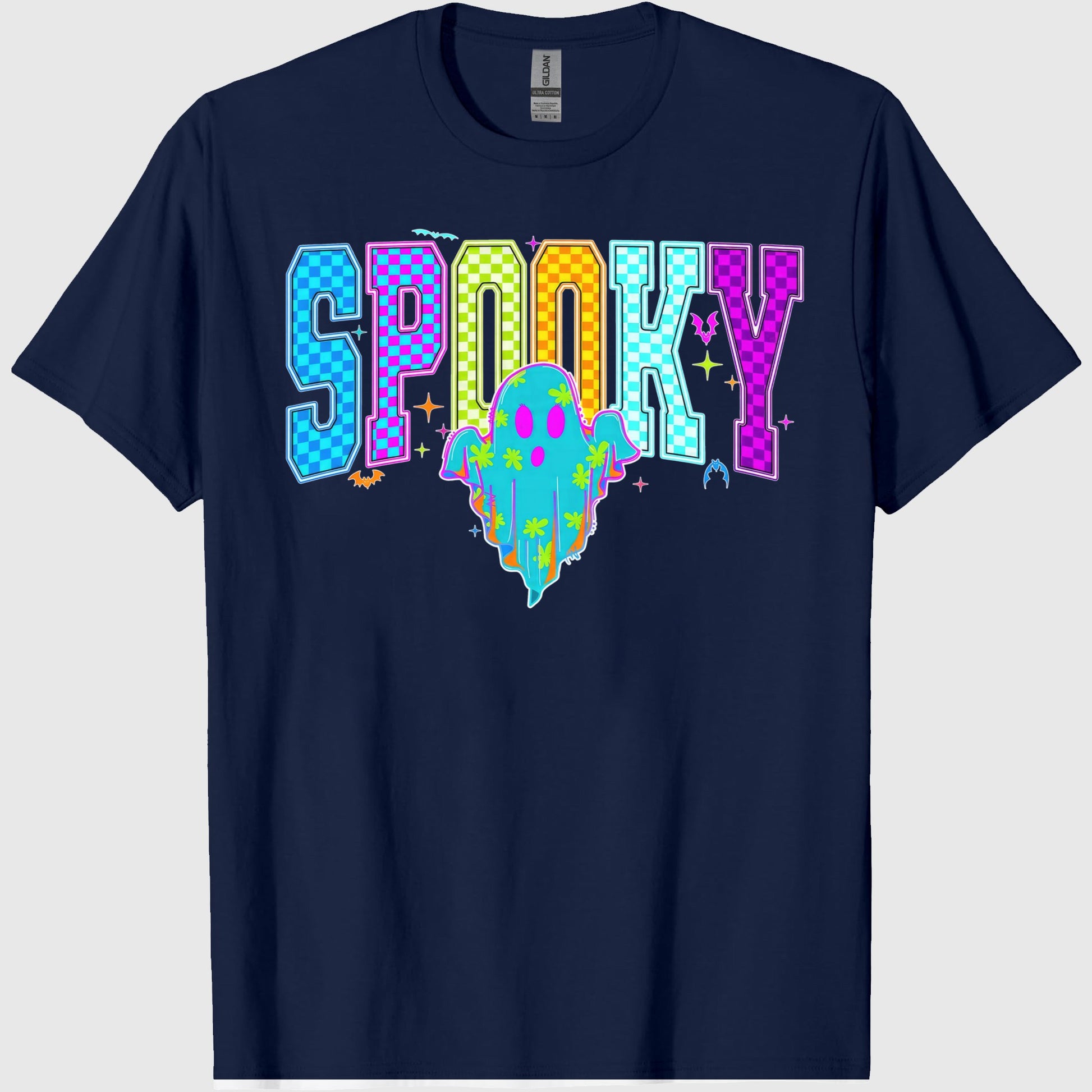 Comfort Colors Retro Spooky Neon Shirt, Trendy Neon Checkered Halloween, Spooky Season, Cute Boo Ghost, Neon Ghost