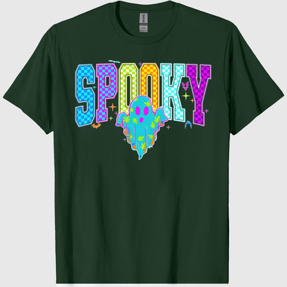 Comfort Colors Retro Spooky Neon Shirt, Trendy Neon Checkered Halloween, Spooky Season, Cute Boo Ghost, Neon Ghost