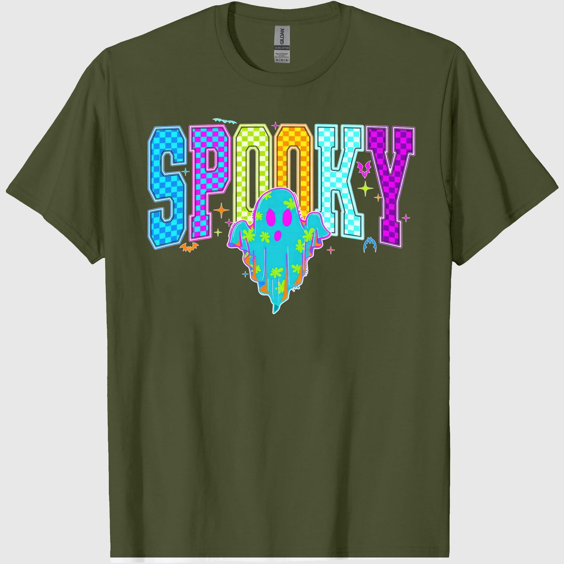 Comfort Colors Retro Spooky Neon Shirt, Trendy Neon Checkered Halloween, Spooky Season, Cute Boo Ghost, Neon Ghost